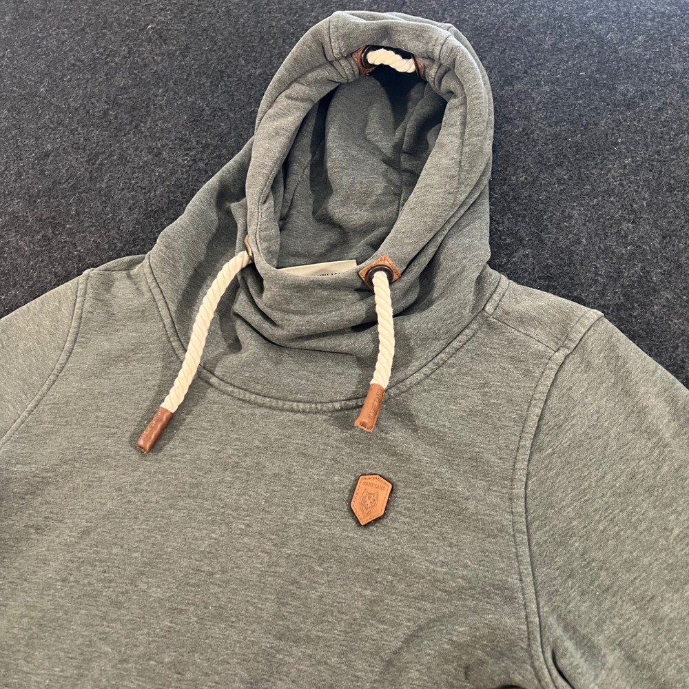 Naketano Hoodie Womens L Green Cowl Neck Pullover Rope Drawstring Leather Patch